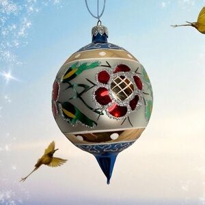 Vintage Large Poland Teardrop Glass Ornament 5+" Long Hand Painted Flowers Mica